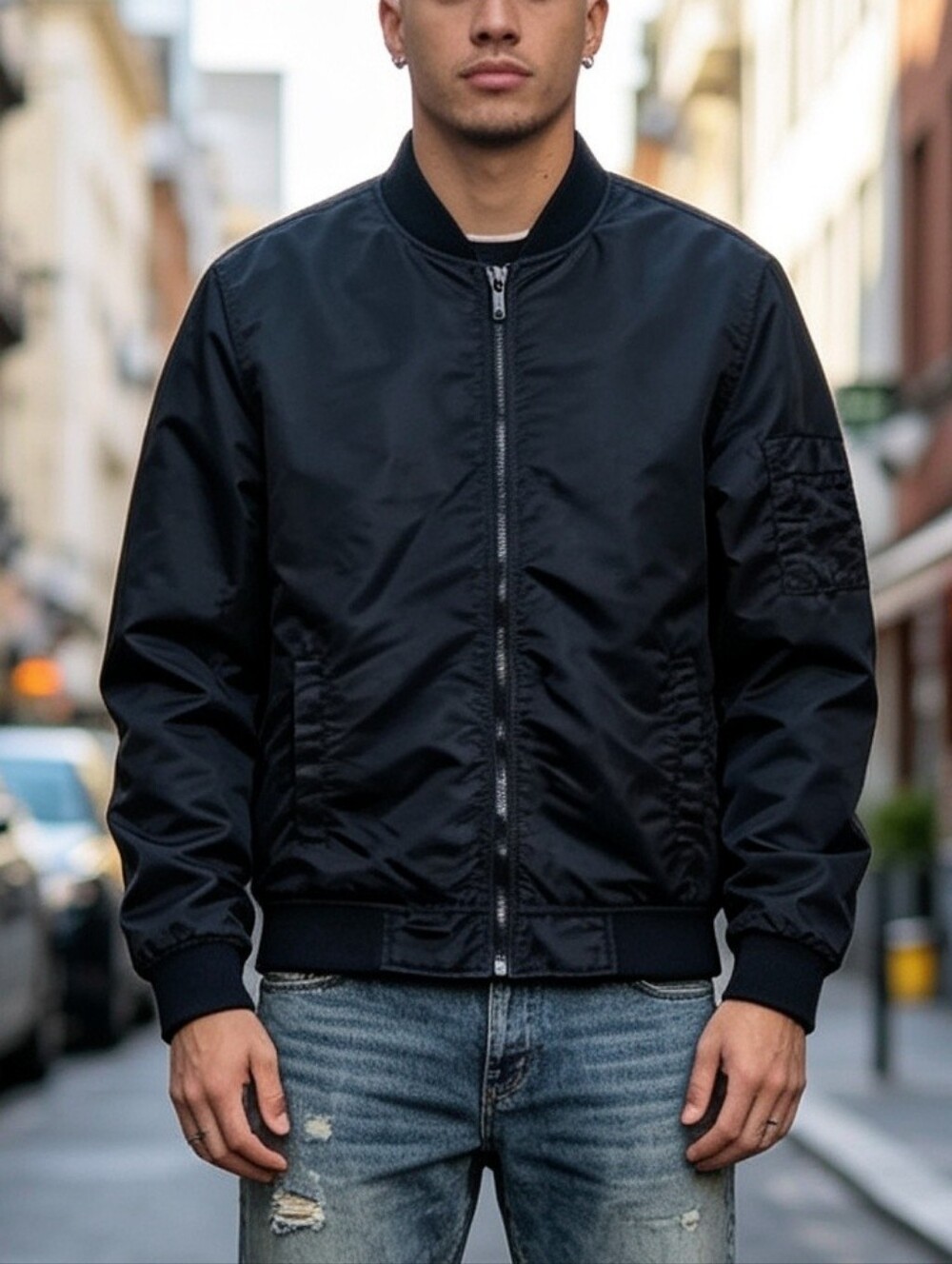 ONLY & SONS Black Bomber Jacket Men's Size Small Full Zip Lightweight Nylon